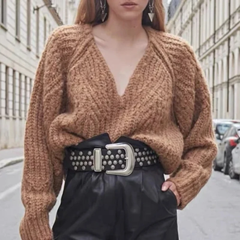 

Women Wool Sweater Simple Long sleeve Solid Color Female Sexy Deep V knit Jumper Tops