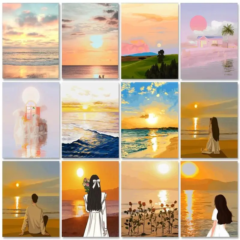 

RUOPOTY Рамка Diy Набор для рисования по номерам иллюстрация закат море Раскраска по номерам рукоделие для персонального подарка