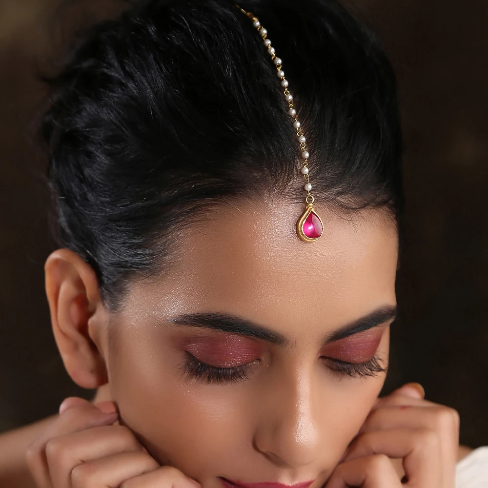 Pink Water Drop Forehead Chain Headband Bridal Hair Accessories Elegant Women Boho Round Pearl Head Wedding Jewelry Gift