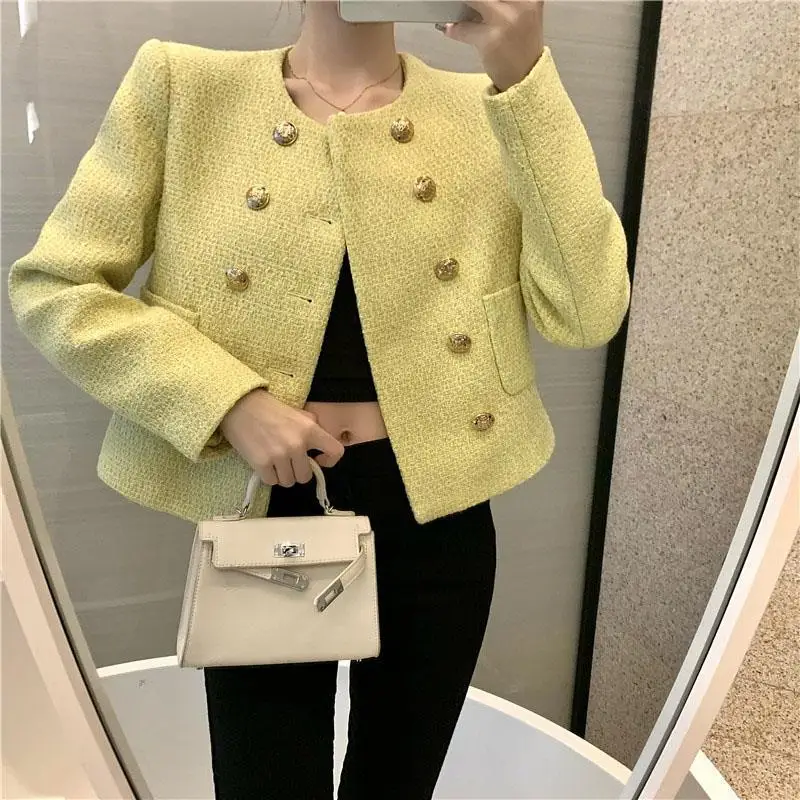 

Spring Korean Women's Clothes Tweed Double Breasted Ladies Coat Outerwear Blends Wool Female Elegant Luxury Jacket Top E134