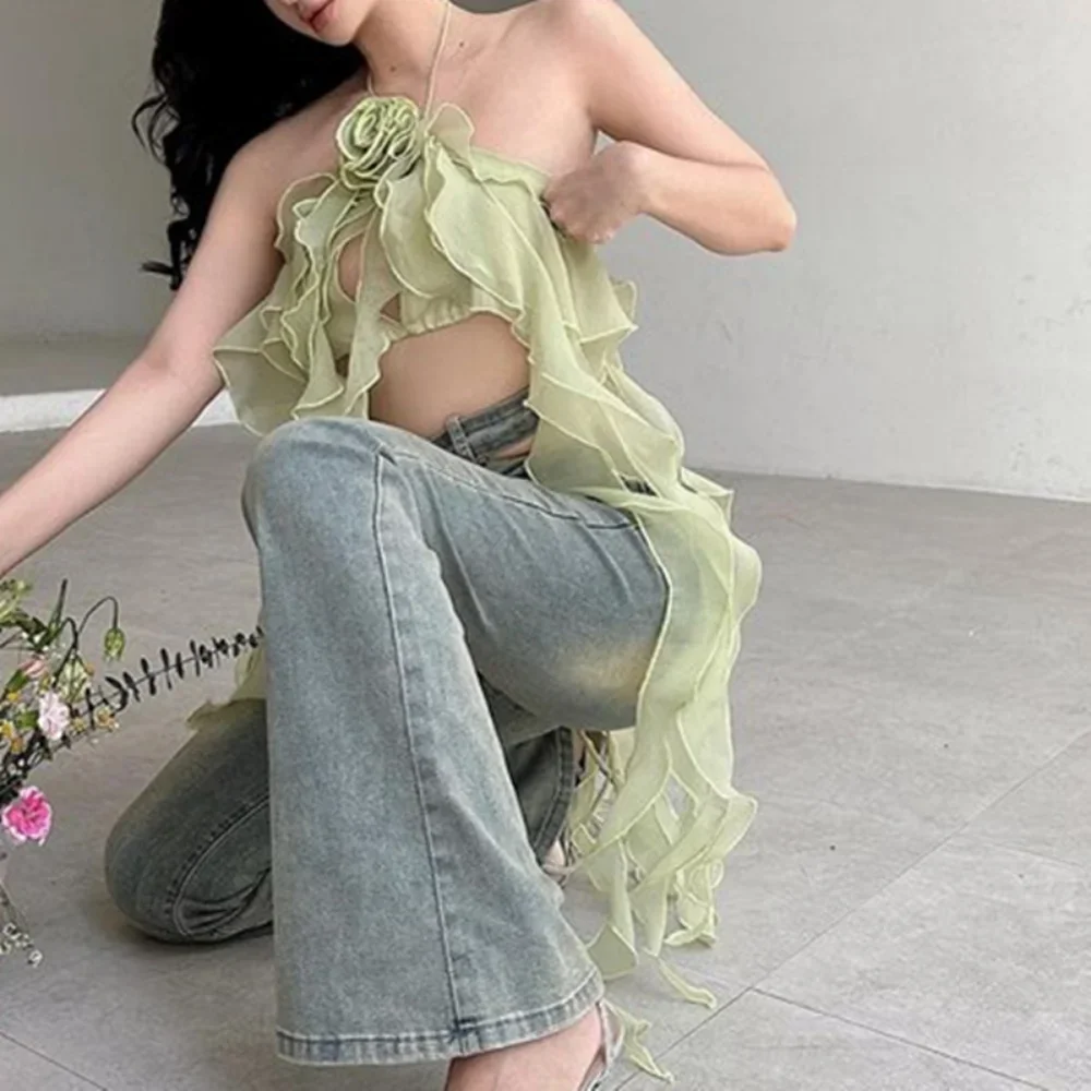 Женский укороченный топ с воланом асимметричная блузка открытой спиной и