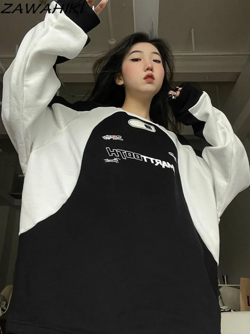 

Y2k Clothes Women'S Pullover O-neck Hoodies Loose Contrast Color Vintage Retro Sweatshirt Winter Cotton Raglan Sleeve Clothes