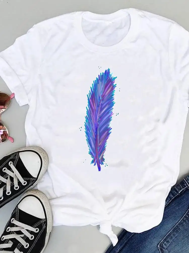 

Женские футболки в стиле 90-х с изображением перьев, летние женские Топы с коротким рукавом, женские модные футболки с мультяшным рисунком, о...