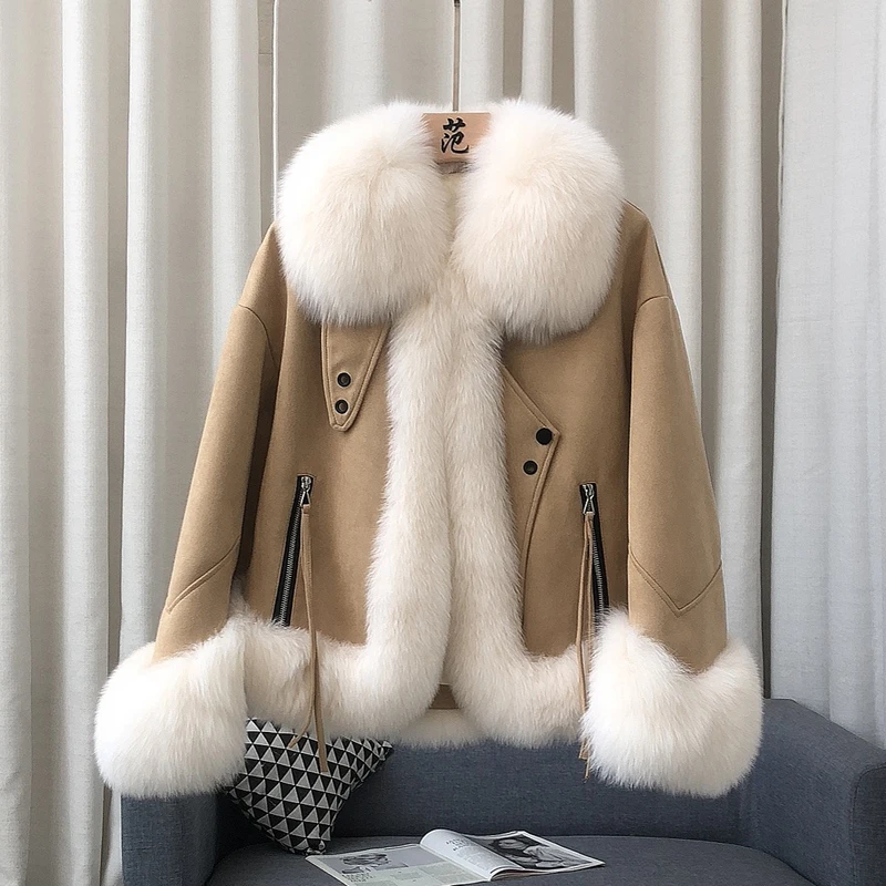 

RosEvans Vintage Patchwork Real Fur Fox Fur Collar Coat Women Short Fashion Warm Down Lining Down Jacket Loose Fit Autumn Winter