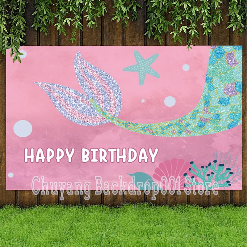 Little Mermaid Backdrop Girls Custom Kids Baby Shower Happy Birthday Party Decoration Photography Backgrounds Banner