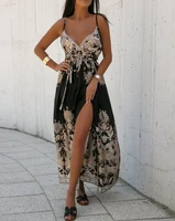 one piece summer dresses woman 2022 new vintage baroque print high slit wrap casual cami maxi dress with belt