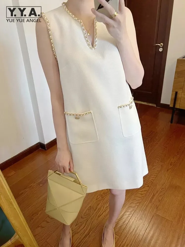 

Элегантное женское платье без рукавов, модный однотонный пуловер с V-образным вырезом и цепочкой, ТРАПЕЦИЕВИДНОЕ ПЛАТЬЕ на бретелях, женское Короткое платье во французском ретро-стиле