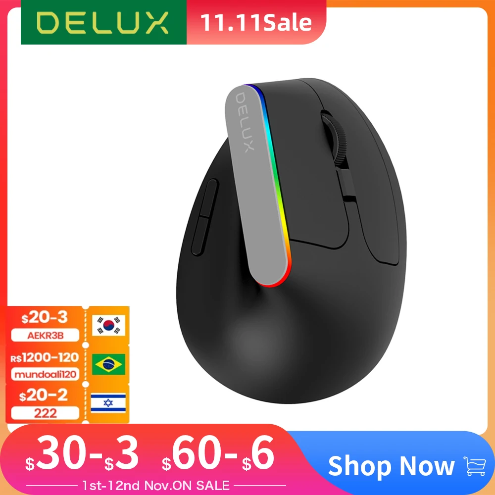 Delux M618C Wireless Silent Ergonomic Vertical 6 Buttons Gaming Mouse USB Receiver RGB 1600 DPI Optical Mice With For PC Laptop
