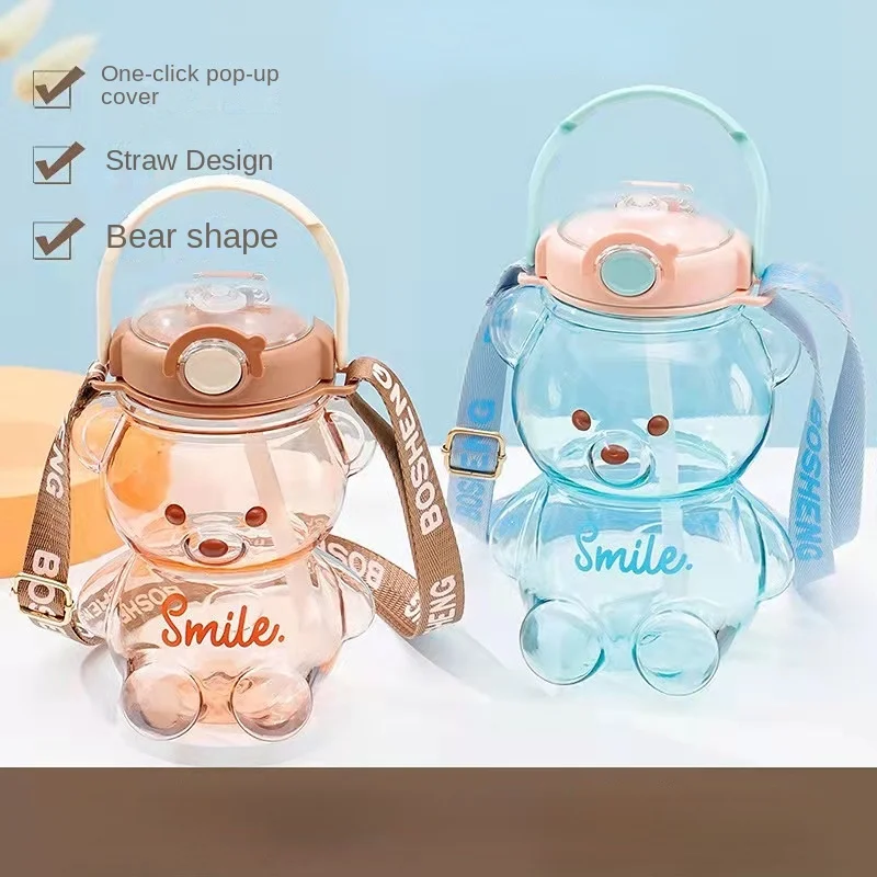 New Net Red Cartoon Bear Fashion Plastic Cup with Straw for Children Boys and Girls Students Big Water Bottle Sloping Back