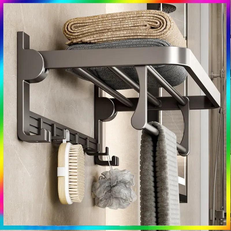 

Towel Rack 40-50CM Folding Holder Bathroom Accessories Wall Mount Rail Shower Hanger With Hook Black Bar Aluminum Shelf