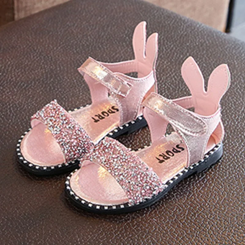 

Kruleepo 2023 Spring Summer Girls Sandals Slippers Shoes PU Leather Flat Solid Glitter Rubber Sole Ear Antiskid Shoe