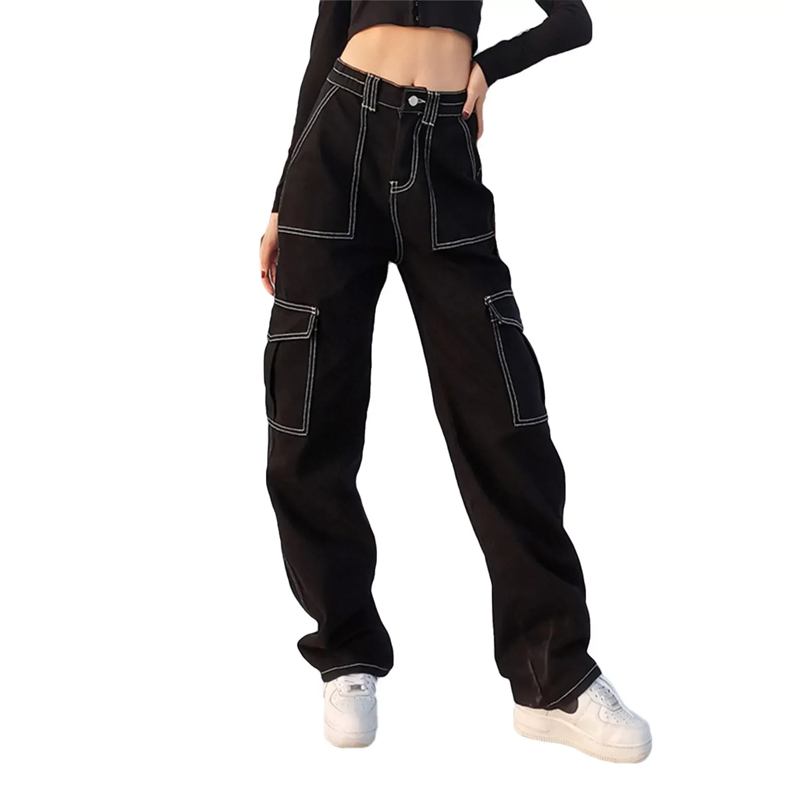 

Women Straight Wide Leg Jeans Trendy Hip Hop Style High Waist Relaxed Fit Denim Pants Pockets Decor Spring Autumn Spring Wear