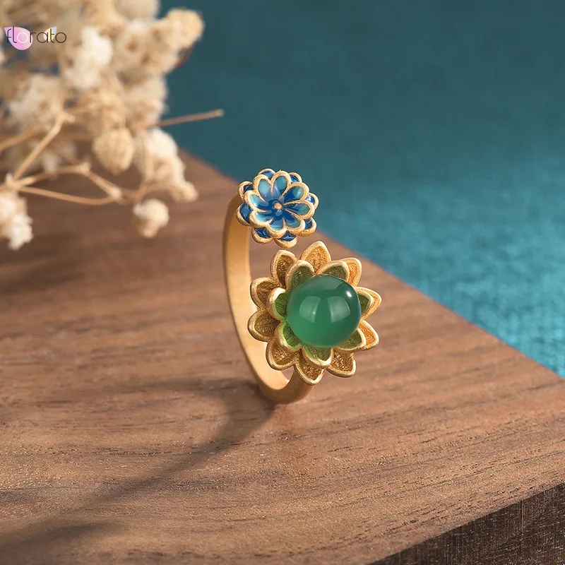 

Chinese Style Elegant Temperament Open Ring 24k Gold-Plated Enamel Craft lotus Chalcedony Agate Vintage Adjustable Ring Jewelry
