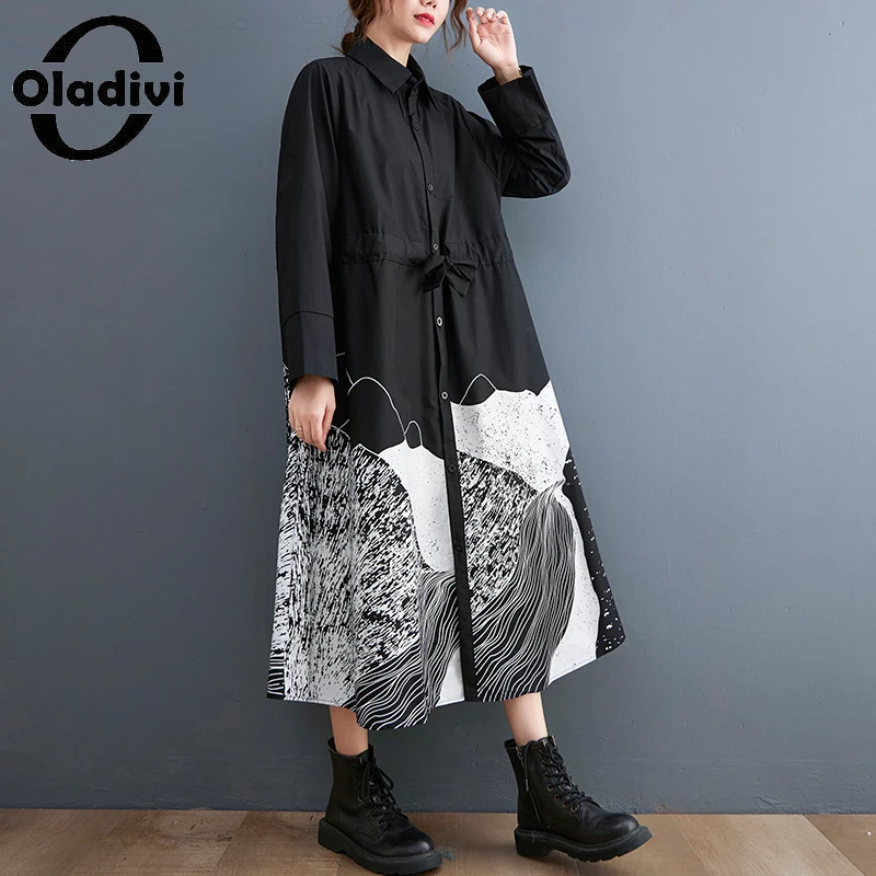 

Oladivi Oversized Women Clothing Fashion Print Long Sleeve Autumn Dress Casual Loose Dresses Black Spring New Vestidio Robe 3183