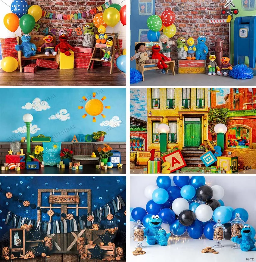 

Kids Birthday Photography Backdrops Table Decor Sesame Street Elmo World Party Brick Wall Photo Background Wall Poster Customize