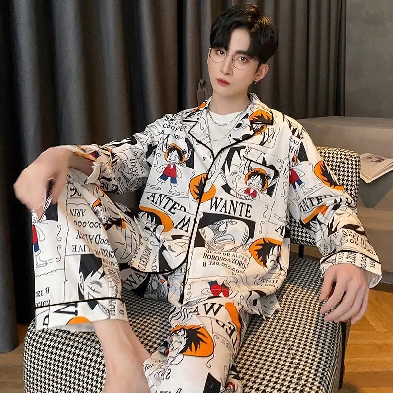 Mens Pajamas Set Ice Like 2 Pieces Sleepwear Long Sleeve Anime Pijama For Young Boys Casual Loungewear Hombre Pyjama pajama set