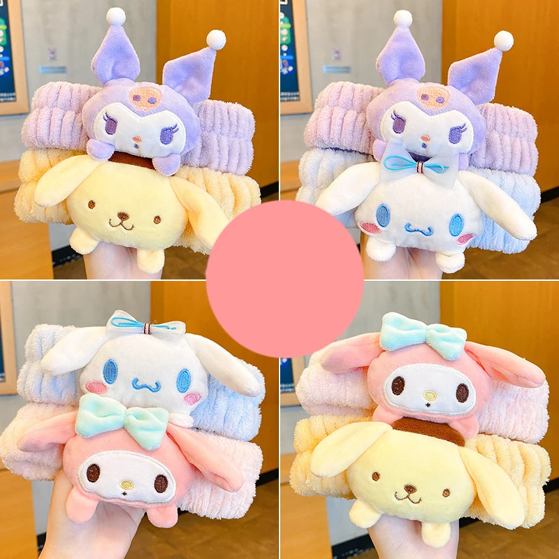 

Sanrio Anime Kawaii Cinnamoroll My Melody Kuromi Plushie Bow Headband Makeup Wash Hair Ring Hair Girl Women Gifts