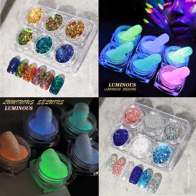 

6pcs/set Nail Luminous Sequin Laser Glitter Powder Glow in Dark Iridescent Mixed Nail Art Decoration Noctilucent DIY Accessories