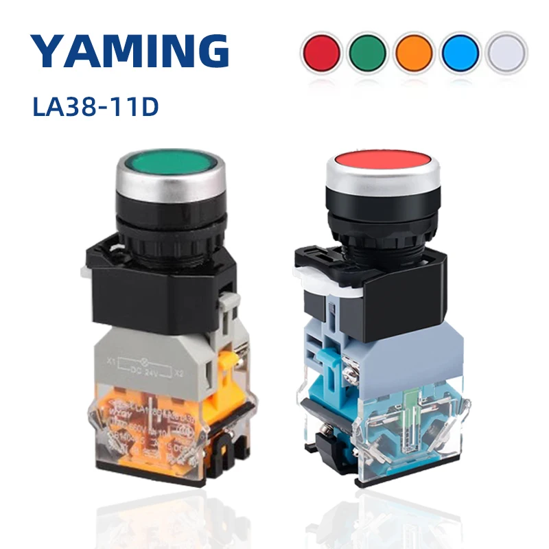 22mm Mounting LA38-11D 11DN Push Button Switch With LED Lamp Reset Self-Locking Flat Head Control Circuit Power