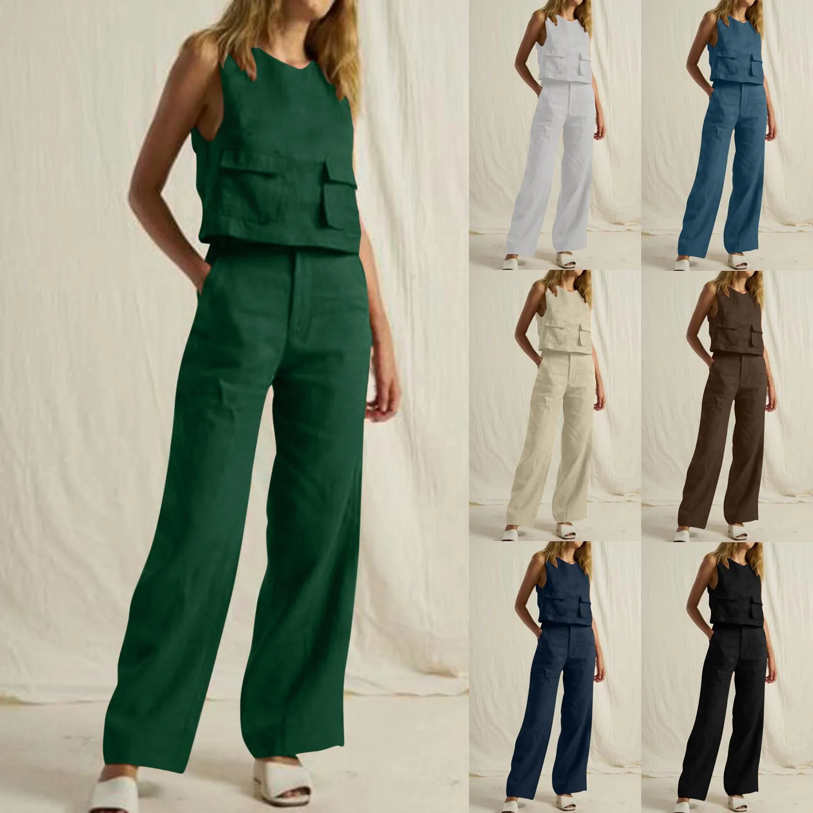 Summer Loose O-Neck Top Wide Leg Pants Two Piece New Elegant Pullover Pants Summer Suit Women Harajuku Style Cotton Linen Suit 3 Summer Loose O-Neck Top Wide Leg Pants Two Piece New Elegant Pullover Pants Summer Suit Women Harajuku Style Cotton Linen Suit 3