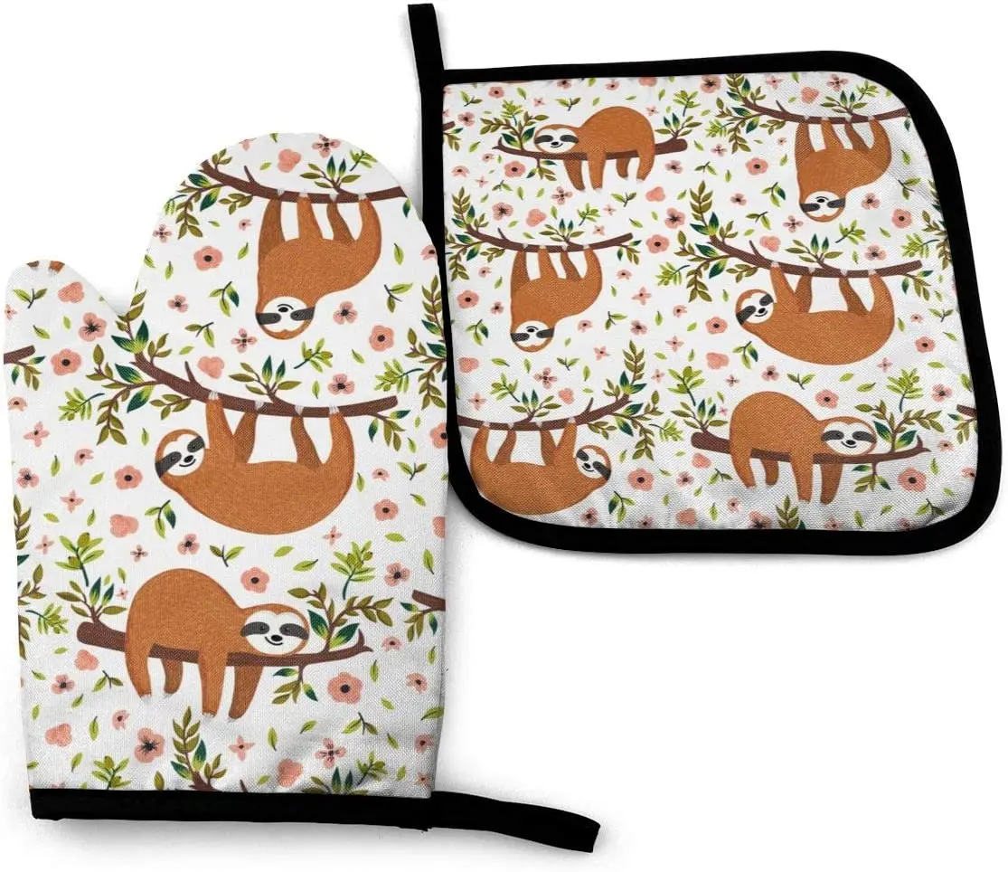 

Cute Sloth on The Tree with Funny Heat Resistant Hot Oven Mitts & Pot Holders for Kitchen Set for BBQ Cooking Baking Grilling