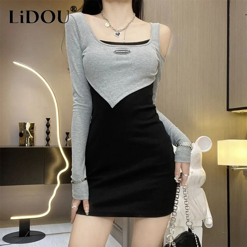 

Spring Autumn Nightclub Fashion Sexy Vestidos Off Shoulder Patchwork Mini Dress Women Long Sleeve Casual Bodycon Robe Dresses