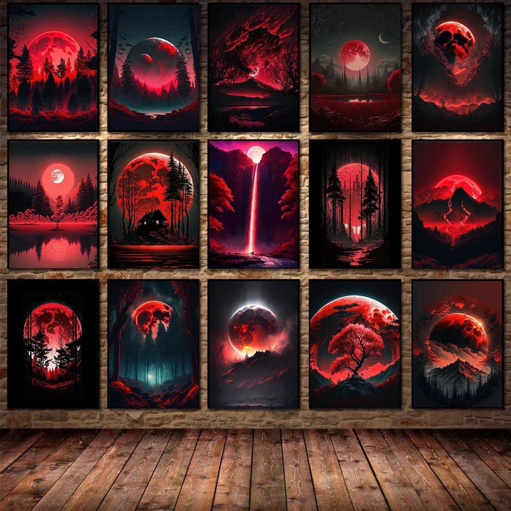 Nagarjuna Красная Луна огонь Искусство Холст Живопись настенный Пейзаж Плакат Печать