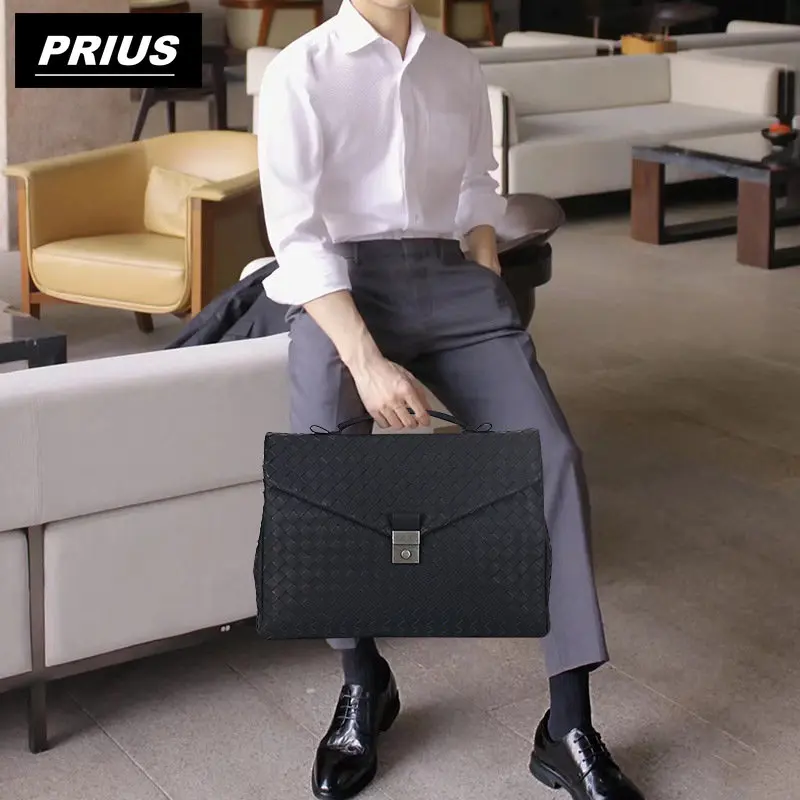 Luxury Brand Classic Business Men's Handbag Genuine Leather  Hand-Woven Large Capacity Flip Briefcase Fashion Simple  New
