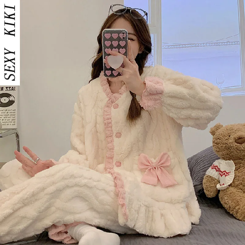 Cute princess style coral fleece pajamas women's winter thickened plus velvet long-sleeved autumn and winter suit home service