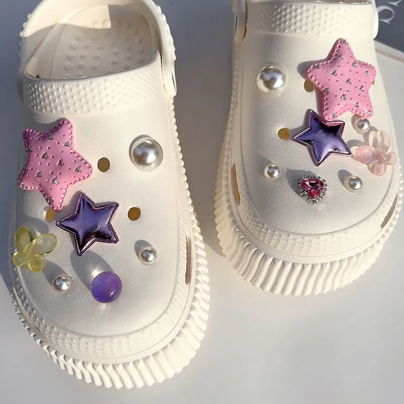 Y2K Pink Stars Angel Butterfly Shoes Charms Vintage Bling Heart Starry Sky Pearls Clogs Accessories Vintage Shoe Jewelry Gifts