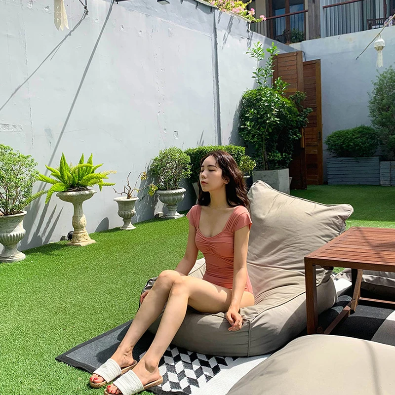 Купальник 2019 New Korean Women Triangular One-piece Sexy Swinsuit Steel-free Pure Color Ruched Short Sleeves Swimwear Backless Suit on.