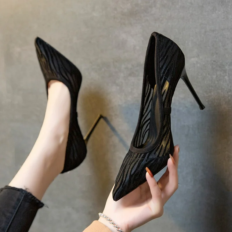 

Туфли-лодочки женские на тонком каблуке, заостренный носок, высокий каблук, сетчатые, винтажные элегантные туфли-лодочки, Классическая Свадебная обувь, черные