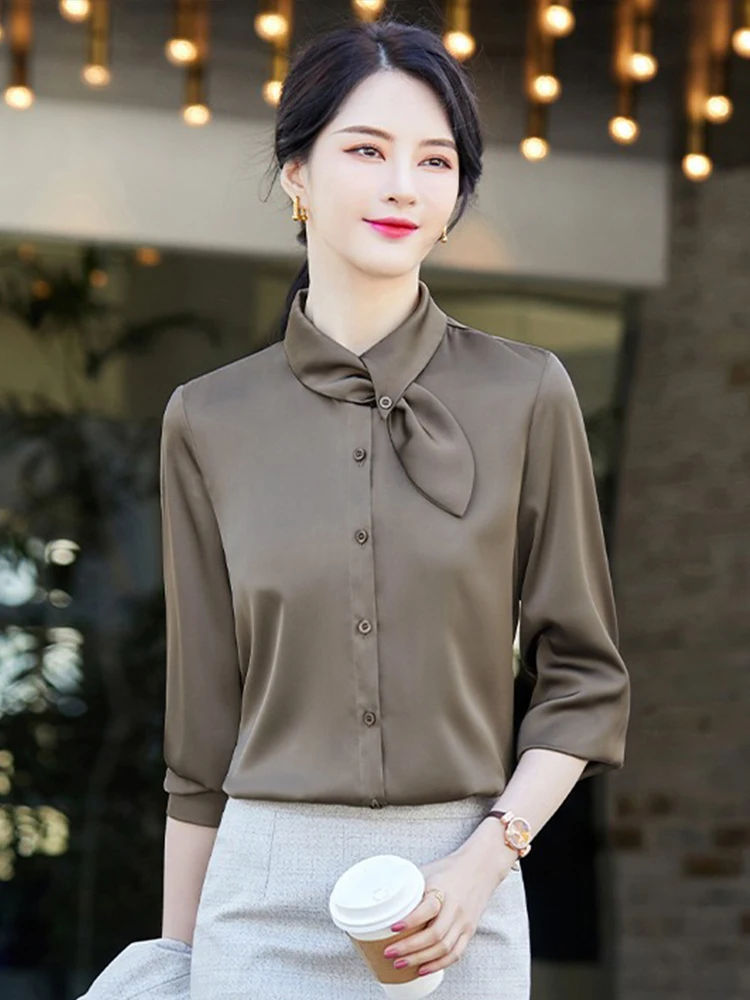 Коричневые шифоновые рубашки женская весенне-осенняя деловая одежда рубашка