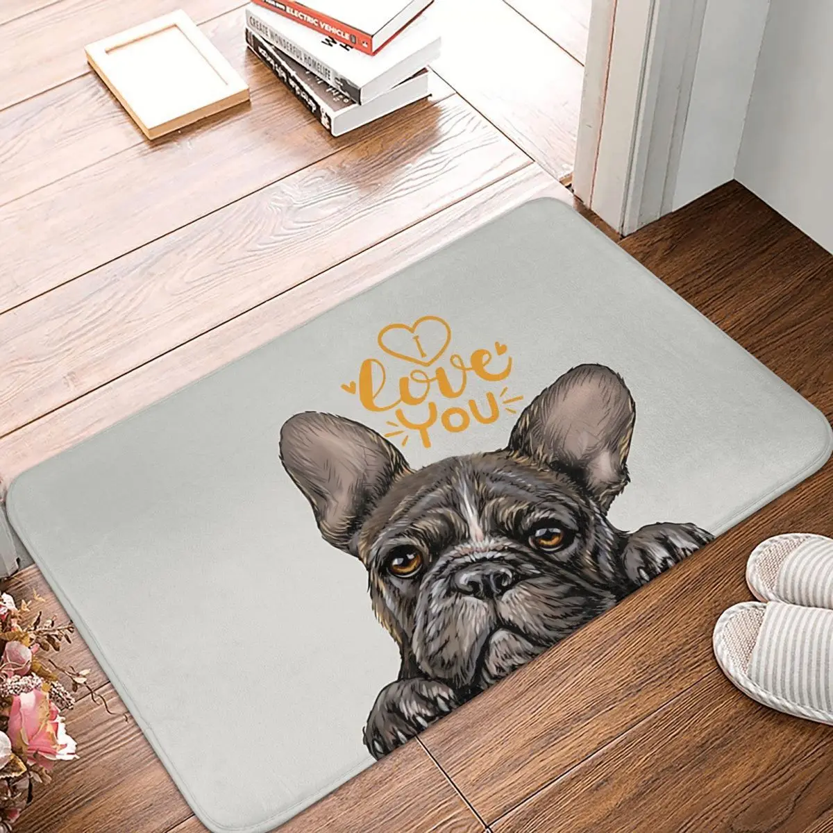 

French Bulldog Pet Bath Mat Valentine Black Doormat Kitchen Carpet Entrance Door Rug Home Decor