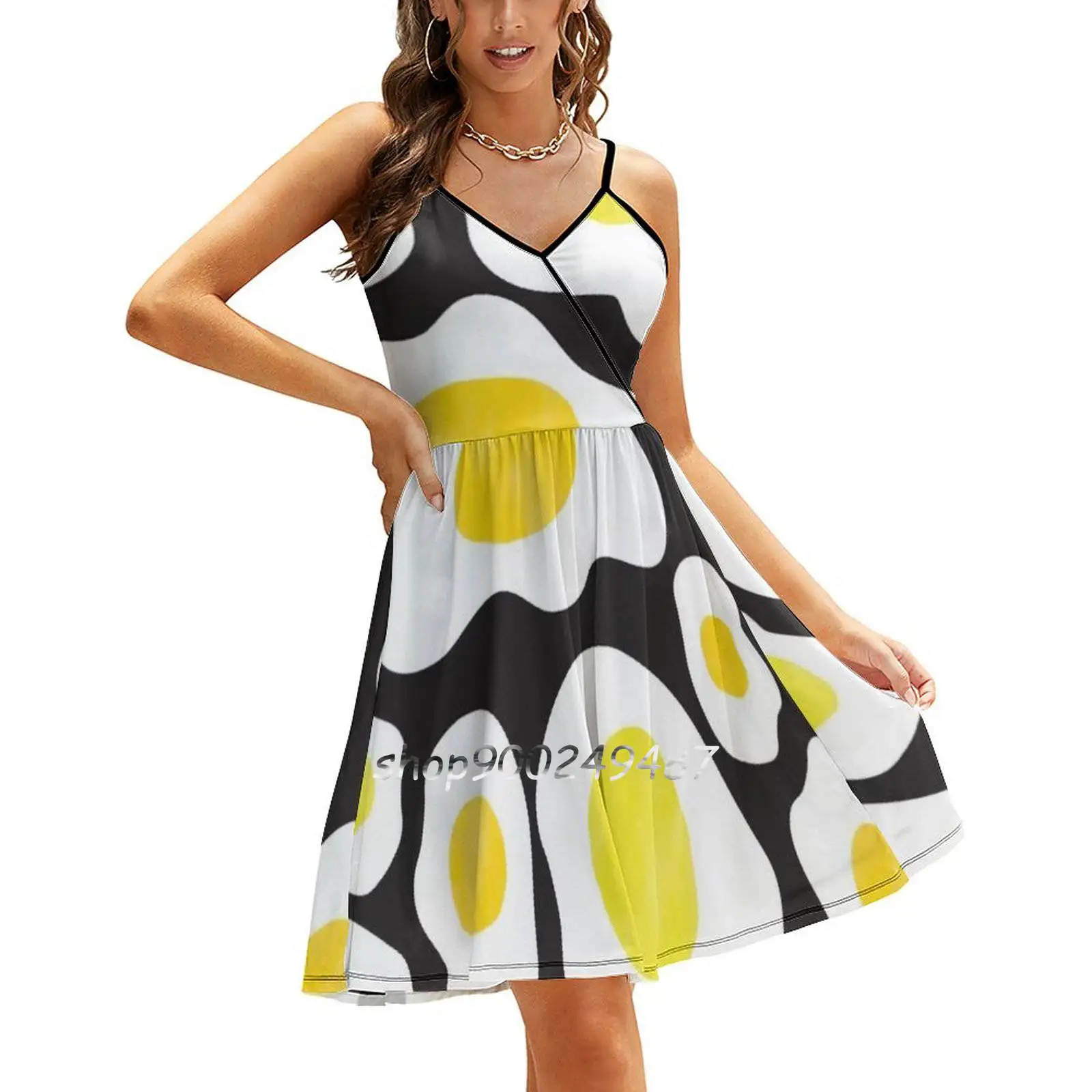 

Fried Eggs World Record Egg Sweet Summer Casual Sling Dresses Korean Women Sexy Sundress Fried Egg Food Pattern Yellow Black