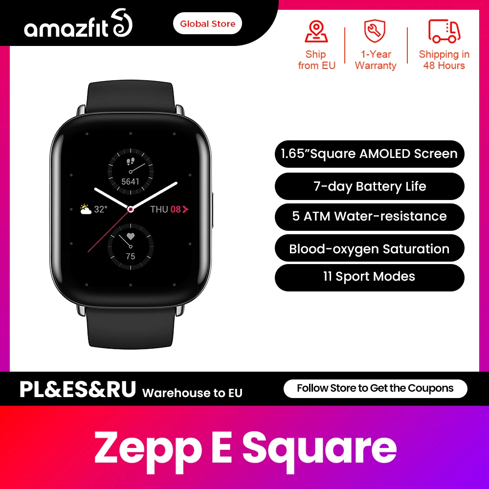 

Global Version Zepp E Square Smartwatch 5ATM Water Resistant Smart Notification Always on Display Heart Rate Tracking