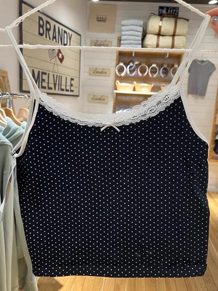 

Sweet Women Y2K Lace Polka Dot Tank Tops 2022 Summer Fashion Ladies Slim Cropped Tanks Cute Girls Dark Navy Short Cotton Tops