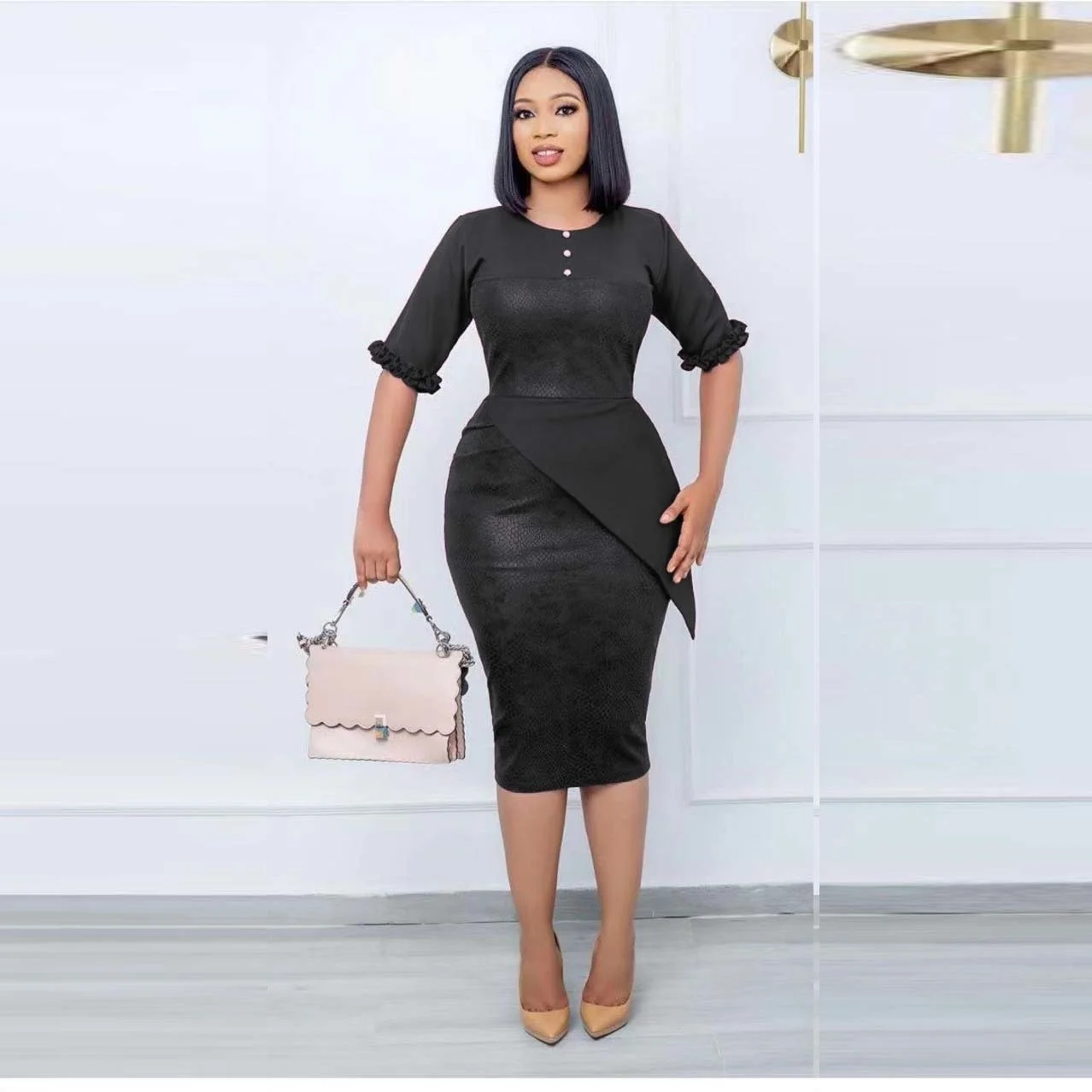 

Slim Fitting Stitching PU Leather Lace Medium Sleeve Commuter Solid Dress Women Dresses
