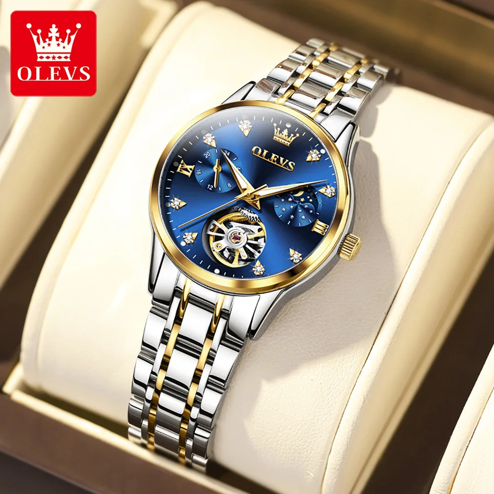 OLEVS Women's Temperament Luxury Watches Luminous Waterproof Skeleton Stainless Steel Strap Mechanical Watch Relogio Masculino