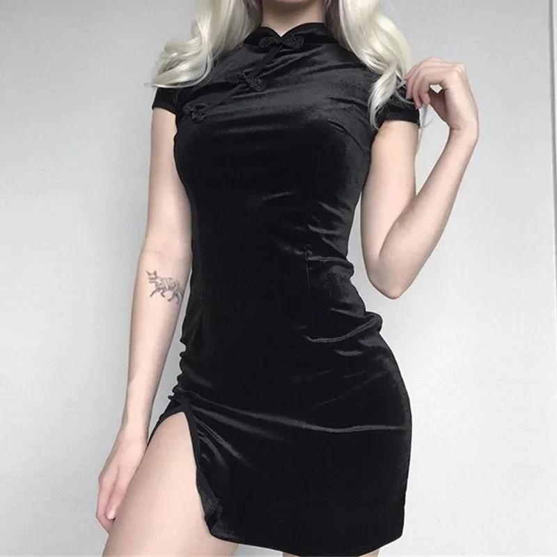 Элегантное китайское Чонсам Черное короткое платье Qipao китайские платья лето 2020