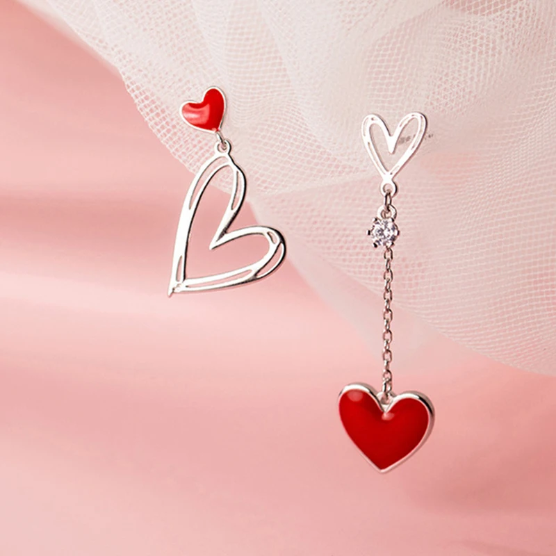 

Silver Color Red Epoxy Asymmetric Love Heart Stud Earring Drop Earrings Female Trendy Sweet Engagement Party Wedding Jewelry