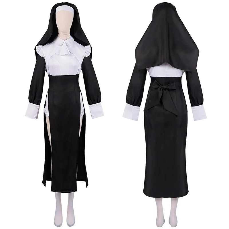

2023 Novelty Nun Dress Anime Nun Cosplay Costumes Sexy Uniforms Crazy Female Demons Nun Dresses Cap Halloween 5Pcs