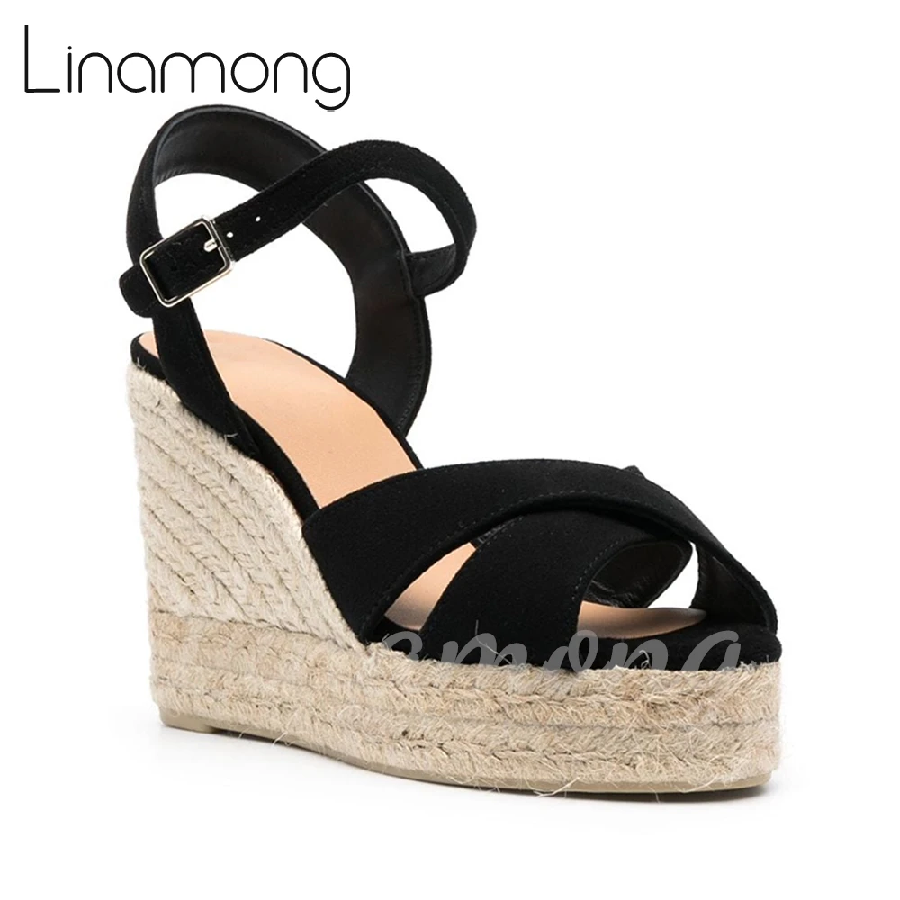 

Cross Strap Suede Espadrilles Platform Wedges Classic Sandals Solid Color Concise Style Buckle Peep Toe Fashion Sandals for Lady