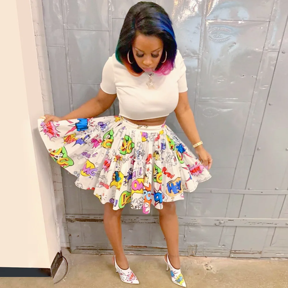 

2022 Women Clothing Pleated Skirts Fashion High Waist Sweet Girls Dress Cartoon Print Color Female Classic Skirt