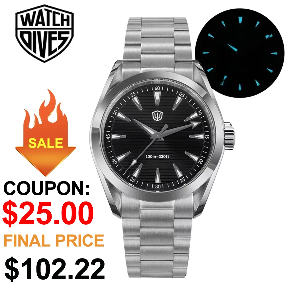 Watchdives 38 мм кварцевые часы VH31 с куполообразным сапфировым стеклом BGW9 светящиеся
