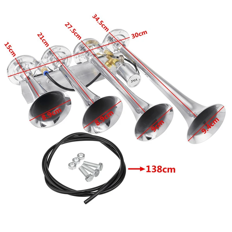 12V / 24V 185Db 4 Four Super Trumpet Chrome Автомобильный воздушный звуковой сигнал Набор для