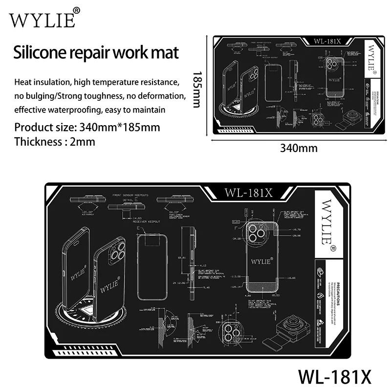 Фото Термостойкий изолированный силиконовый коврик для пайки WYLIE WL-181X, гибкая антидеформационная рабочая подложка для ремонта материнских плат телефонов №1