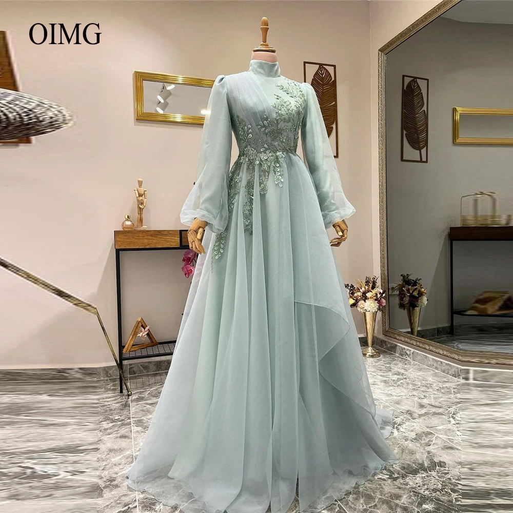 

OIMG Modest A Line Evening Dresses 2022 High Neck Puff Long Sleeves Applique Saudi Arabic Formal Prom Gowns Robe de soiree