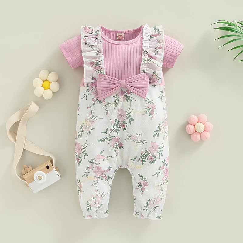 

Baby Girls Casual Jumpsuit Bowknot Round Neck Short Sleeve Ribbed Patchwork Jacquard Floral Printed Long Romper Clothes