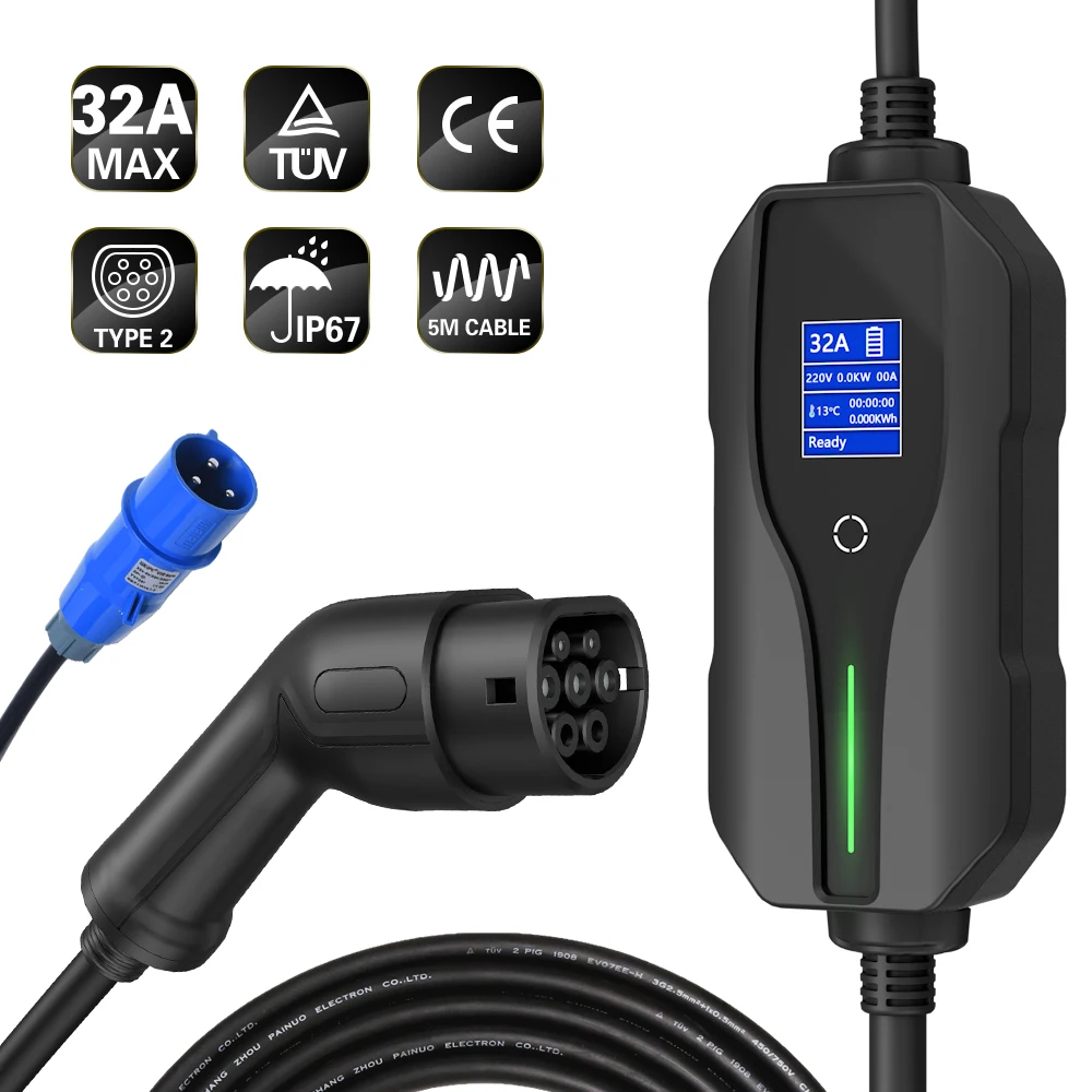 

Teschev 32A 7KW Electric Car Fast EV Charger Type 2 IEC 62196-2 Portable EV EVSE Charging Station 5M Cable